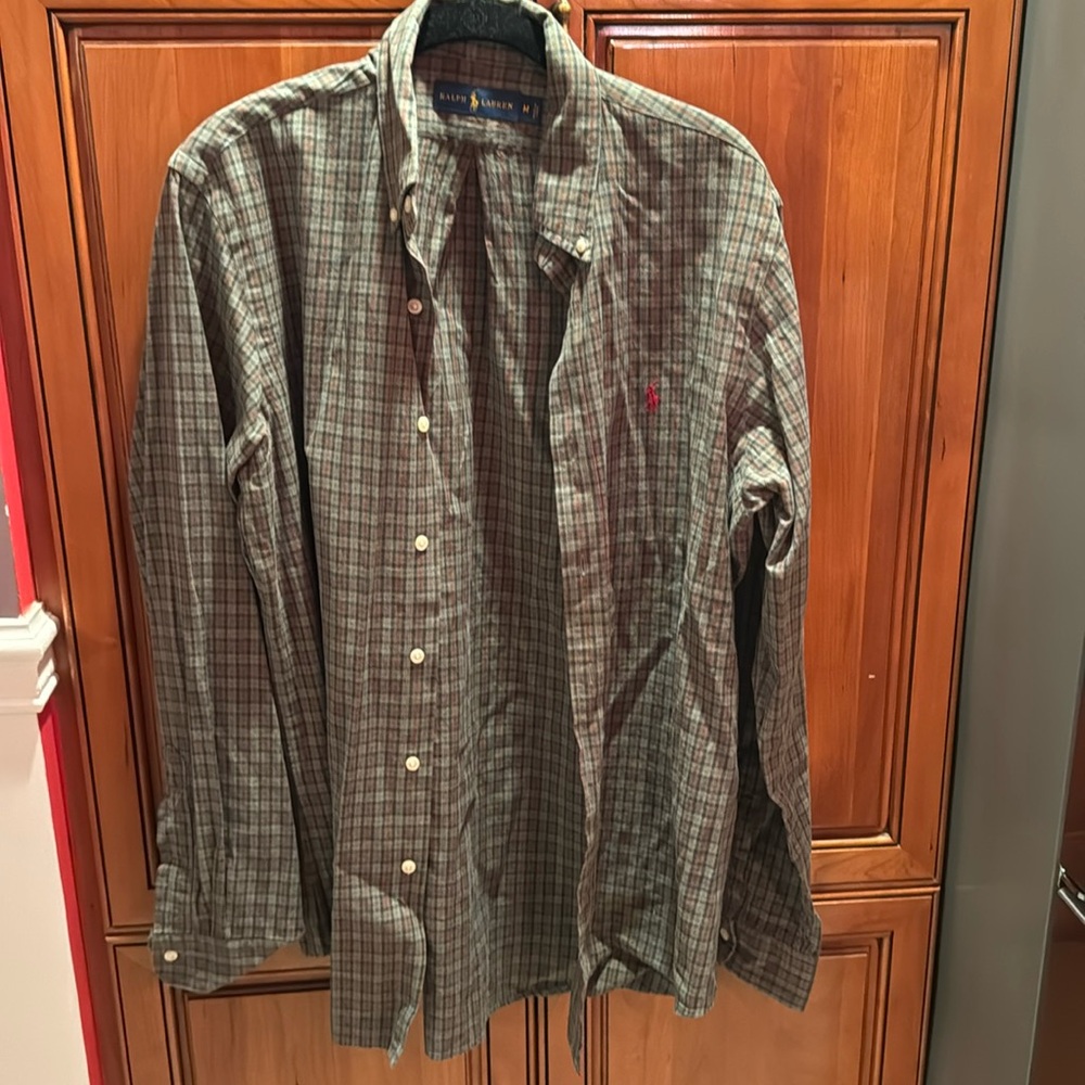 Men's polo medium green plaid button down shirt